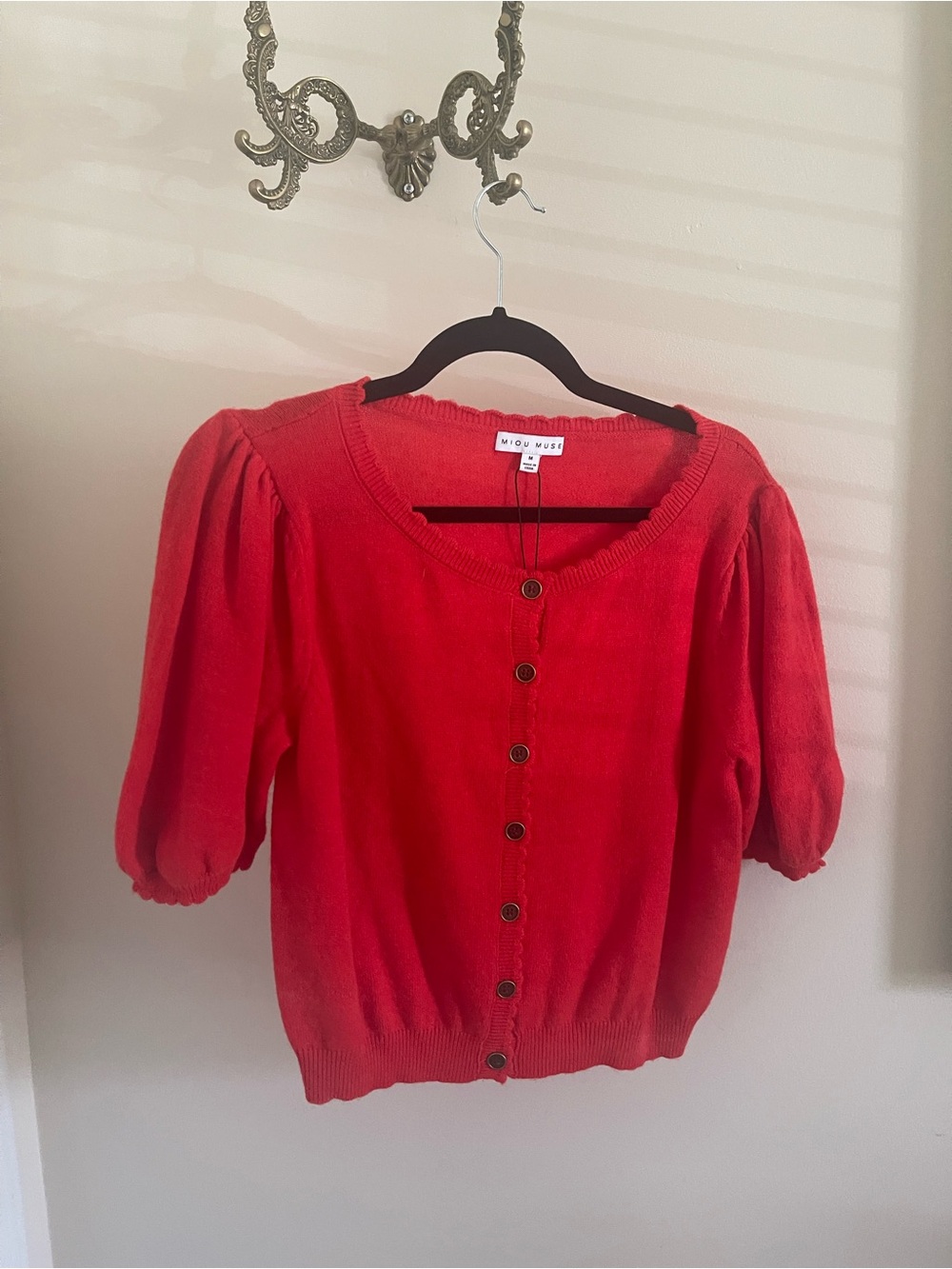 Miou Muse Red Puff Sleeve Button-Front Cardigan from These Three Boutique